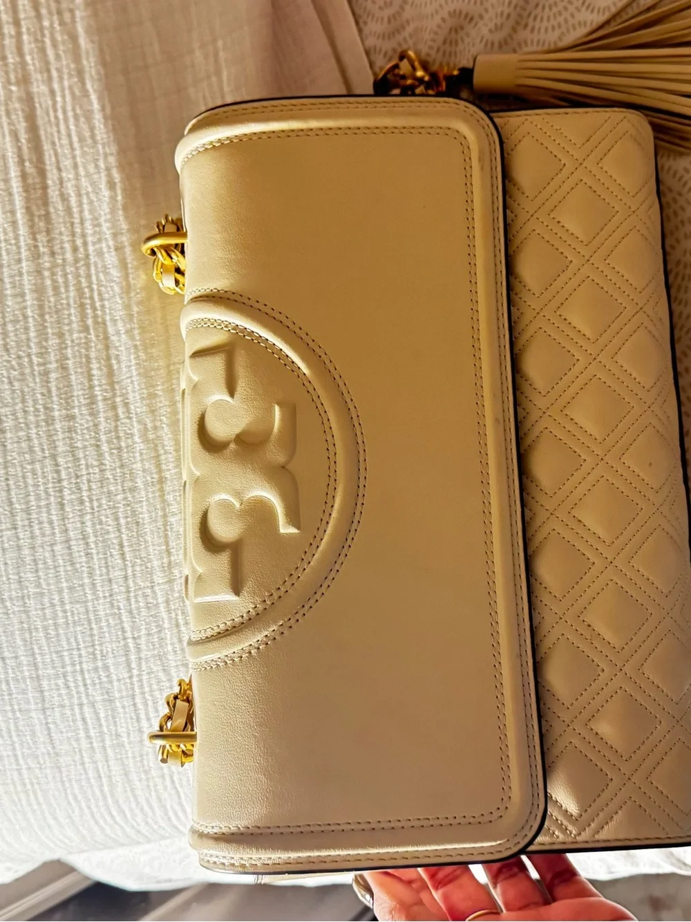 Tory Burch Cream Leather Chain Shoulder Bag with Gold Hardware